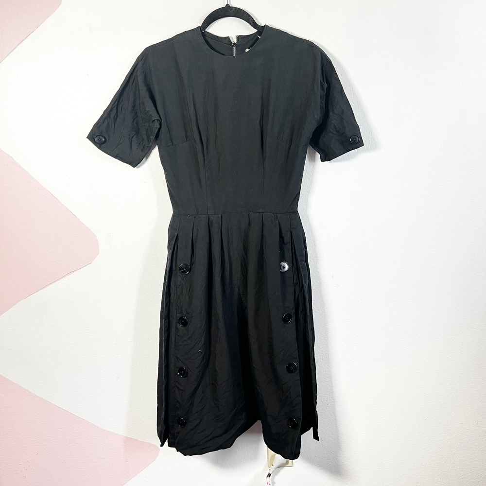 Vintage‎ 1980s Mr Mort Black Fit Flare Dress Sz Small Short Sleeve Button Detail